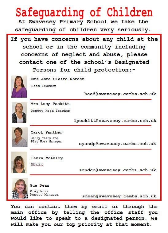 If you have concerns about any child at the school or in the community including concerns of neglect and abuse, please contact one of the schools designated safeguarding leads- Anna-Claire Norden, Lucy Poskitt, Carol Panther, Laura McAuley or Sue Dean